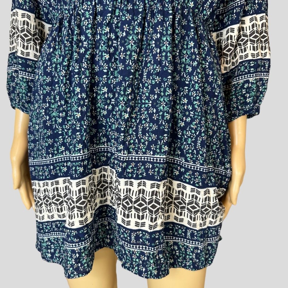 Addie Bohemian Mini Dress Medium Blue Green Floral 3/4 Sleeves Elastic Waist - Picture 7 of 13